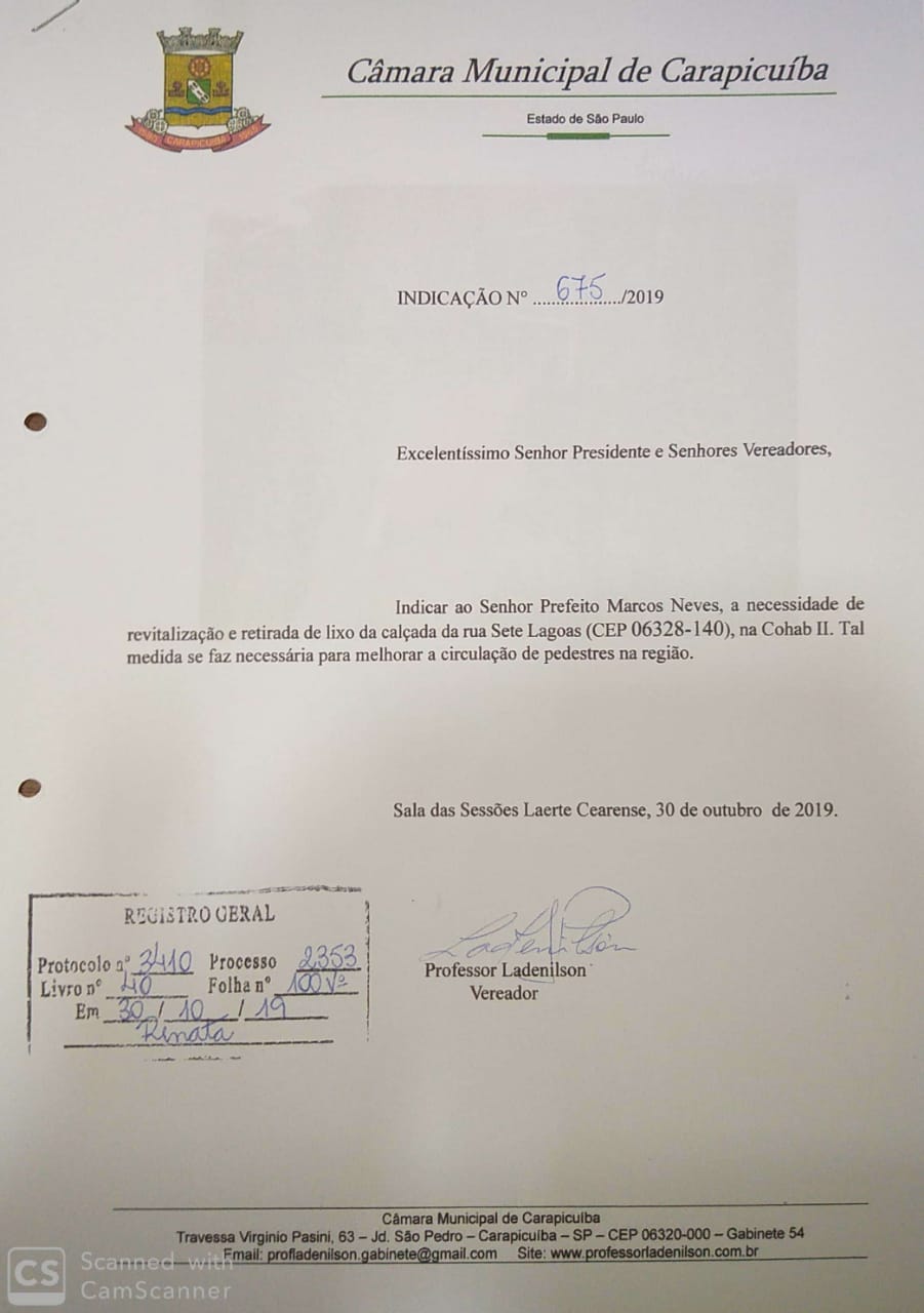 Indicação 675/2019 - Revitalização e retirada de lixo da calçada da rua Sete Lagoas, na COHAB II