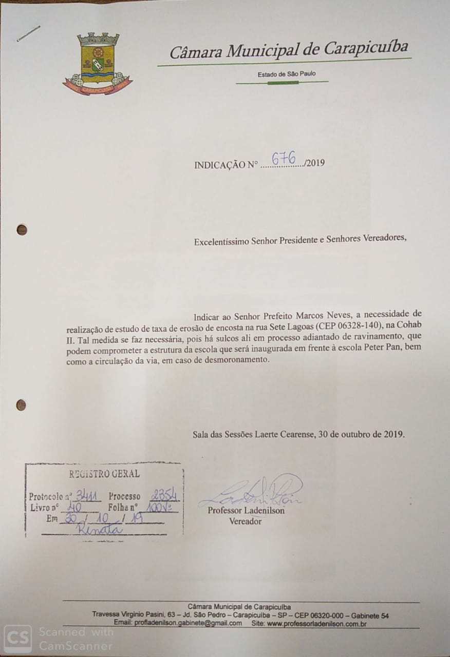 Indicação 676/2019 - Estudo de taxa de erosão de encosta na rua Sete Lagoas, na COHAB II