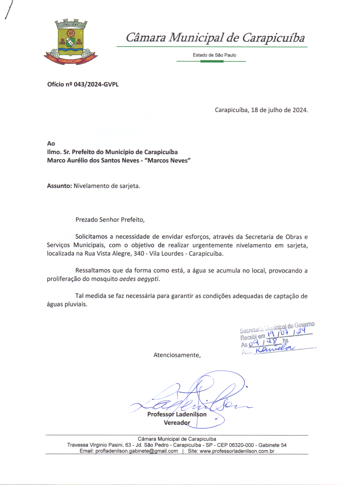 Ofício 043/2024: Solicita nivelamento de sarjeta, localizada na Rua ...